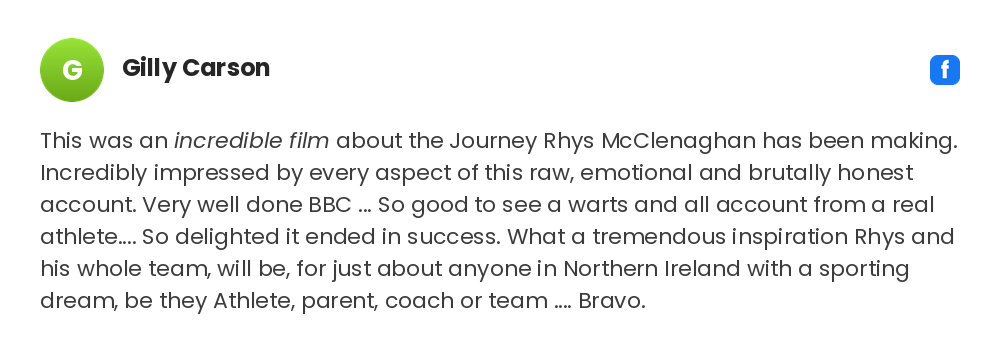 This was an incredible film about the Journey Rhys McClenaghan has been making. Incredibly impressed by every aspect of this raw, emotional and brutally honest account. Very well done BBC