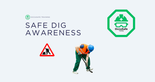 A construction worker in an orange safety vest and blue helmet digging on a construction site. There are safety icons, including a green octagonal sign with a white cross and the words 'OccuSafe' and 'Training', and a red triangular warning sign with a worker icon.