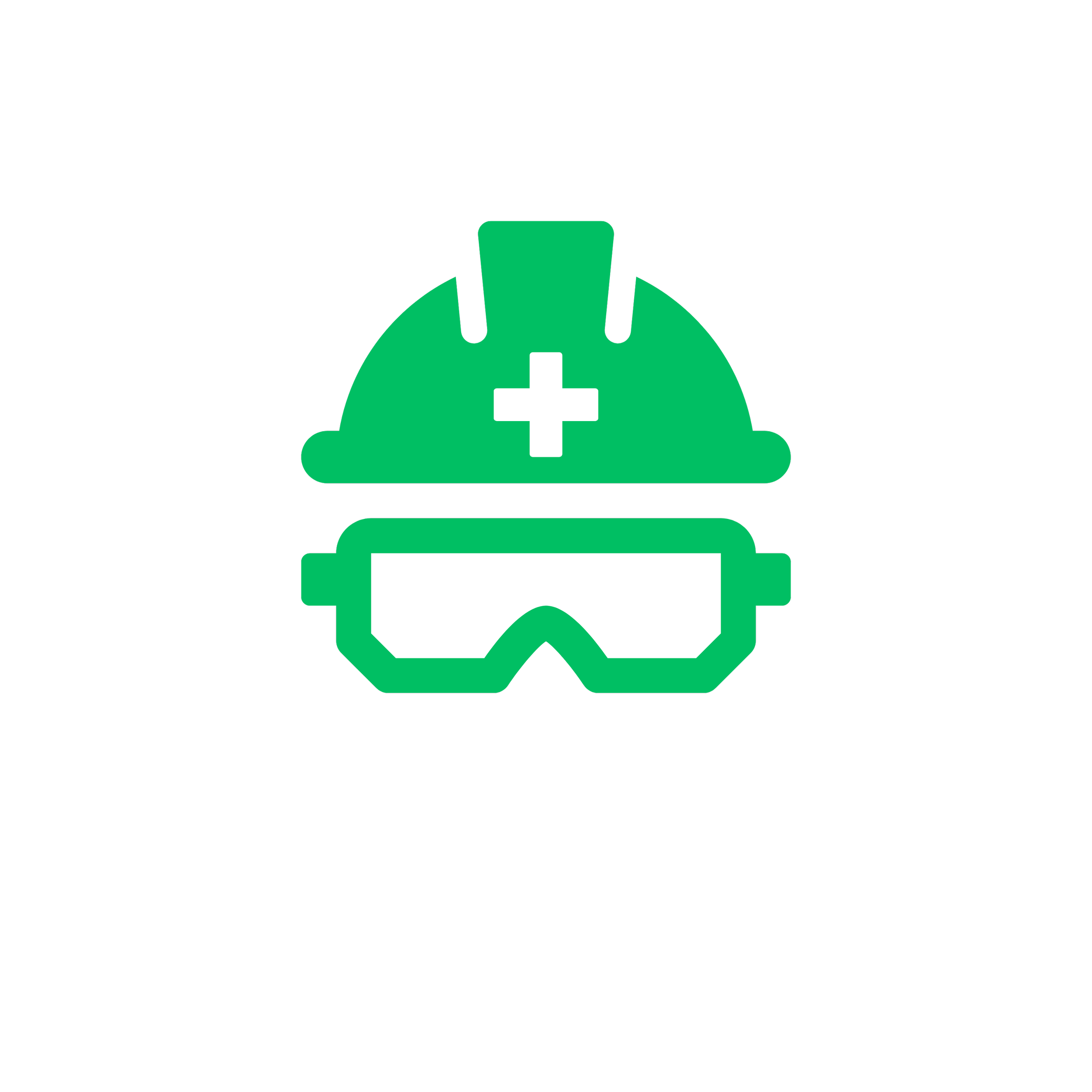 A green construction helmet with a white cross on the front, symbolizing safety.