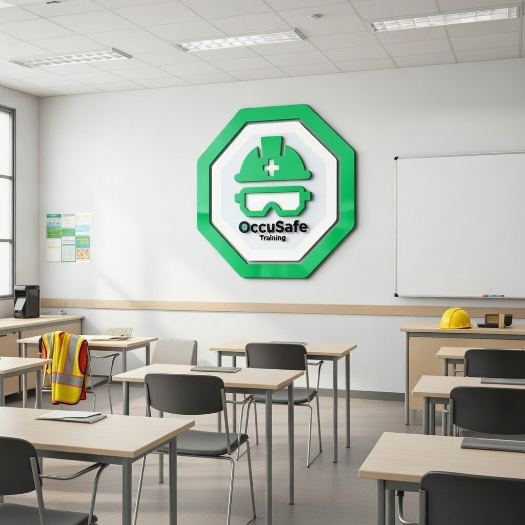 Classroom with a large sign on the wall reading 'OccuSafe Training', featuring a safety helmet, goggles, and a medical cross symbol, with desks and chairs arranged in the room.