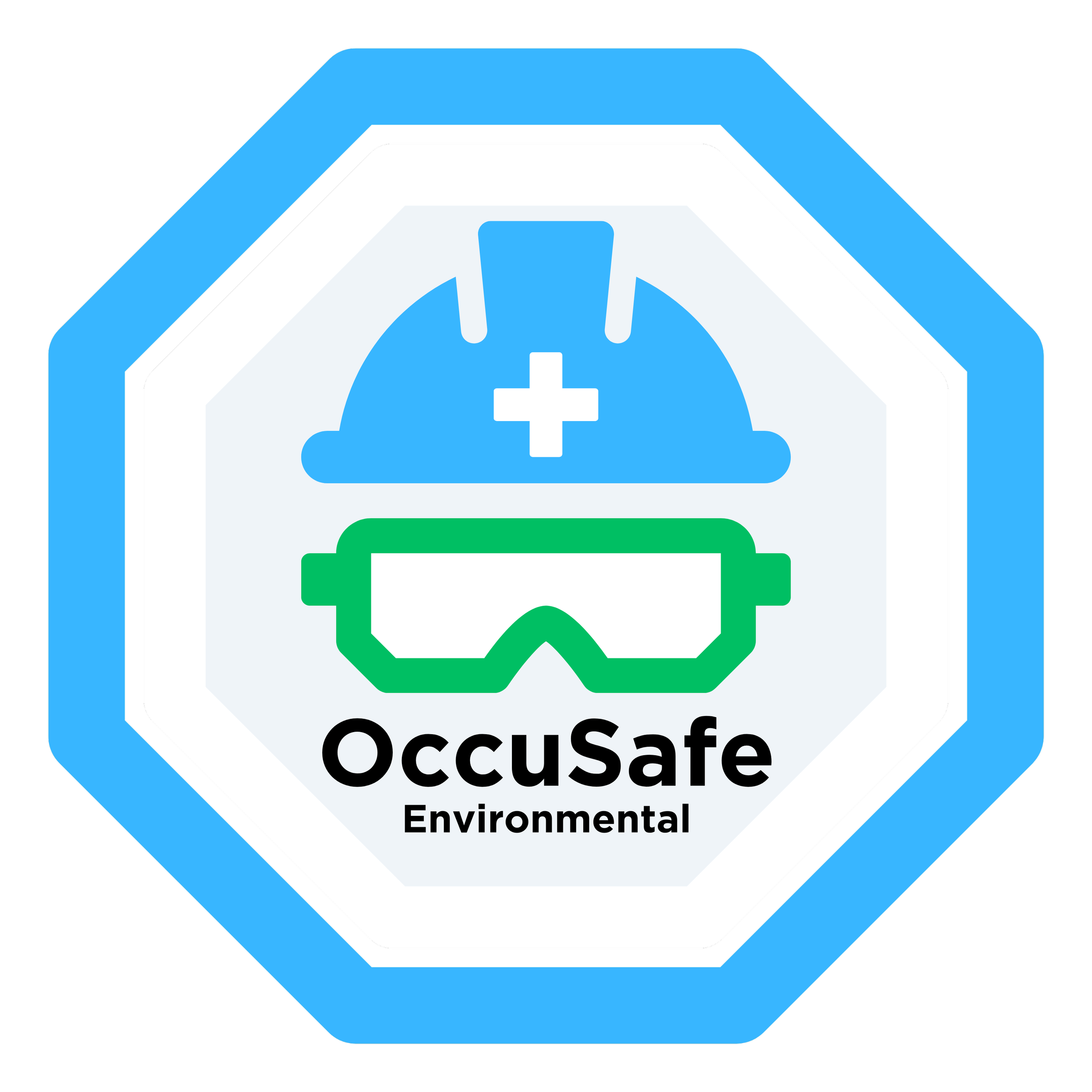 Octagonal sign with blue border, white background, black border, and green re-cycle symbol in the center. The text on the sign reads 'OccupSafe Environmental.'
