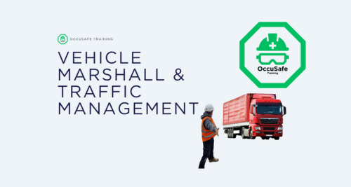 A digital graphic promoting vehicle marshal and traffic management training, featuring a person in safety gear, a red truck, and a green octagonal logo with glasses and a hat.