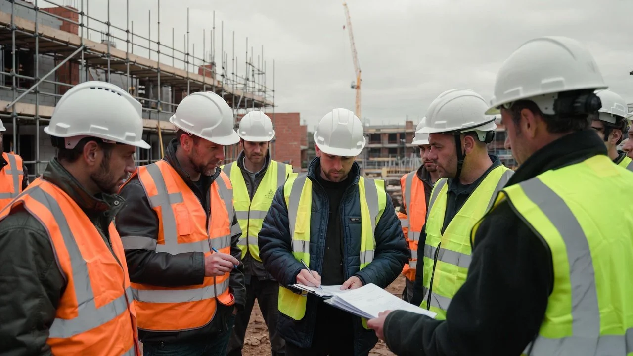 Group of construction workers wearing safety vests and hard hats, standing on a construction site with scaffolding and building in the background, as they discuss plans or progress.