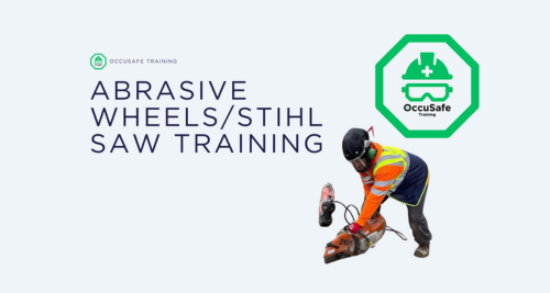 A person wearing safety gear using a saw on an abrasive wheel, with training information for Stihl saw safety and a green OccuSafe logo.