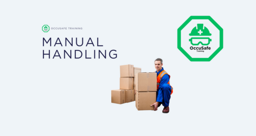 A person in a blue uniform kneeling next to stacked cardboard boxes, with a logo for OccuSafe Training and the text 'Manual Handling' on a light background.