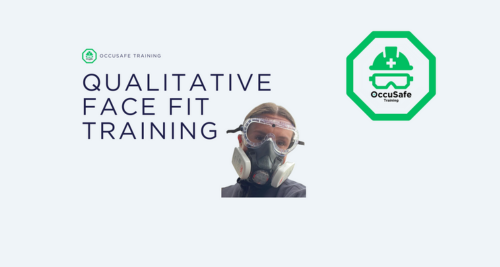 Image showing a person wearing a face mask and goggles, with text that reads "Qualitative Face Fit Training" and a logo with a medical cross and a mask, indicating a training session for face fit testing.
