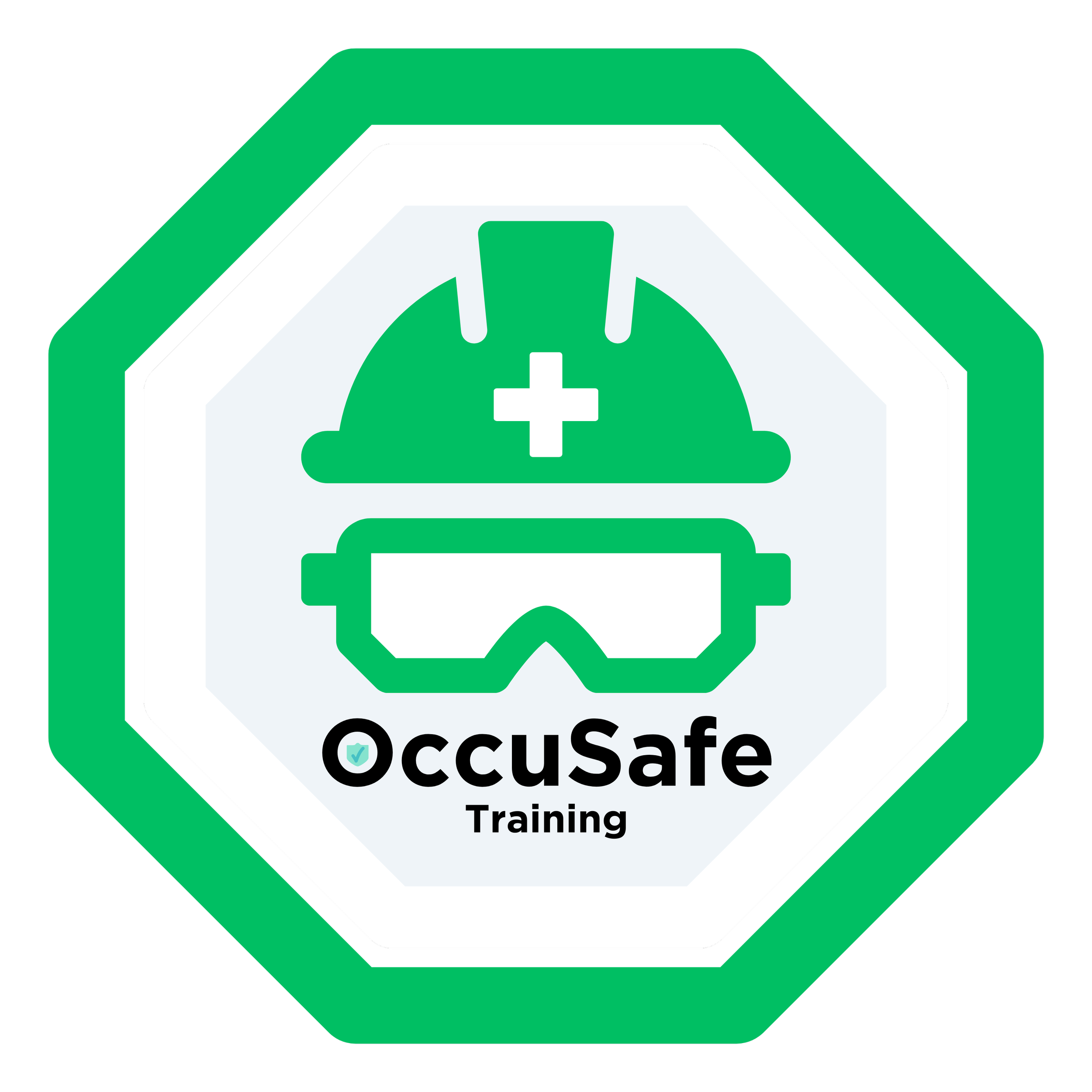 Octagonal green and white sign with black border that reads "OccuSafe Training"