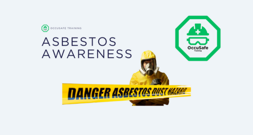 A person in protective gear holding a yellow caution tape that reads 'DANGER ASBESTOS' with a background related to asbestos awareness training.