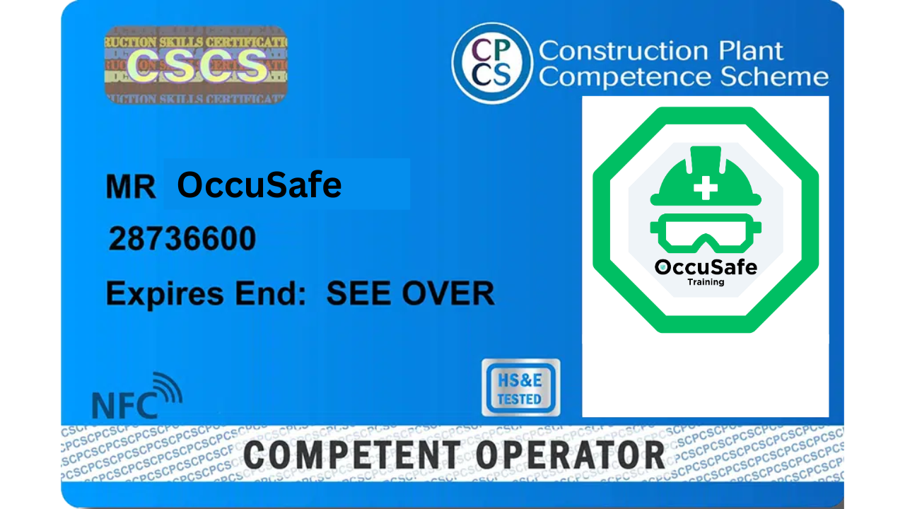 Construction Plant Competence Scheme card with name MR OccuSafe, ID 28736600, and expiration date SEE OVER, featuring oculSafe safety logo and NFC mark.