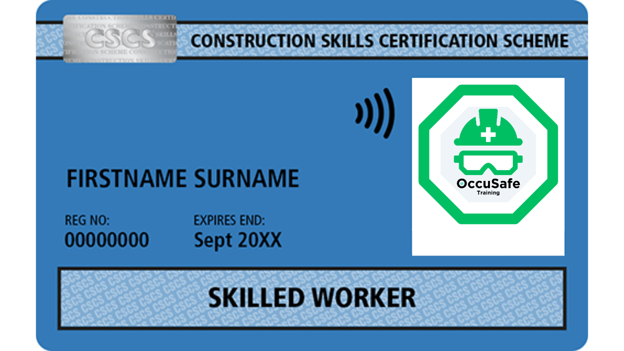 Construction Skills Certification Scheme card with a blue background, showing a QR code scanner icon, a logo of a helmet with safety glasses, and the text "SKILLED WORKER" at the bottom.