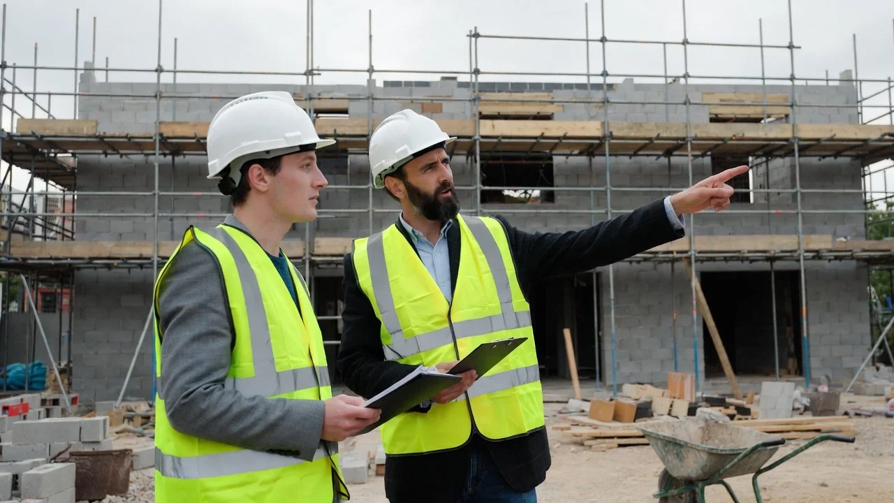 Two male construction workers wearing white safety helmets and yellow reflective vests, standing in front of a building under construction with scaffolding, discussing the project. One is holding a clipboard, and the other is pointing towards the building.