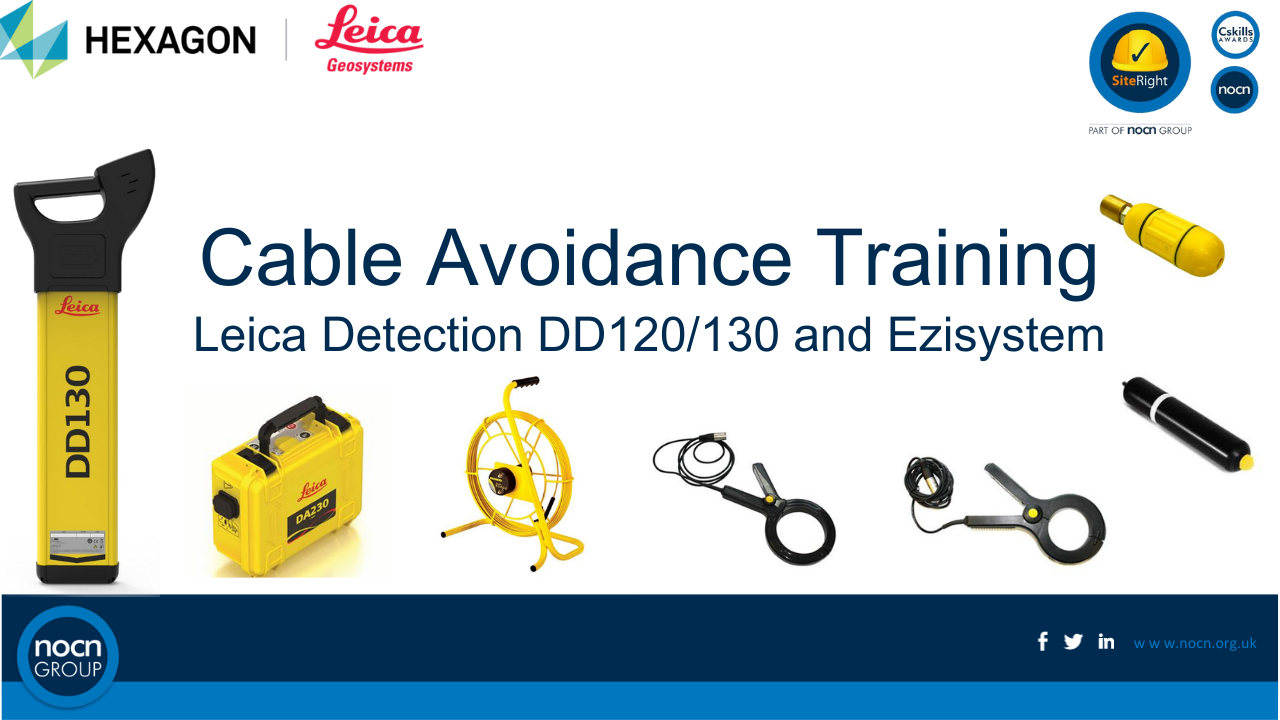 Training presentation slide for cable avoidance devices, featuring images of various Leica and Ezisystem tools including a DD130 detector, a yellow cable reel, and some inspection tools.