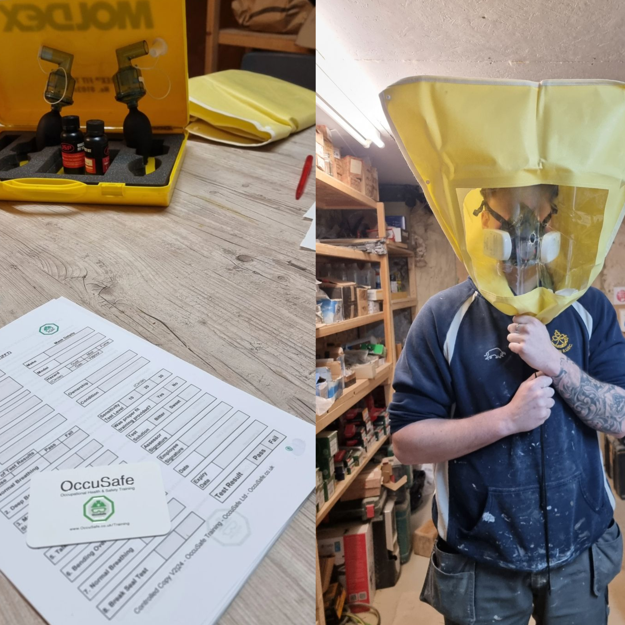 A training certification test sheet on a wooden table, with a person wearing safety gear, including a yellow hazard suit with a face shield, in a storage or warehouse setting.