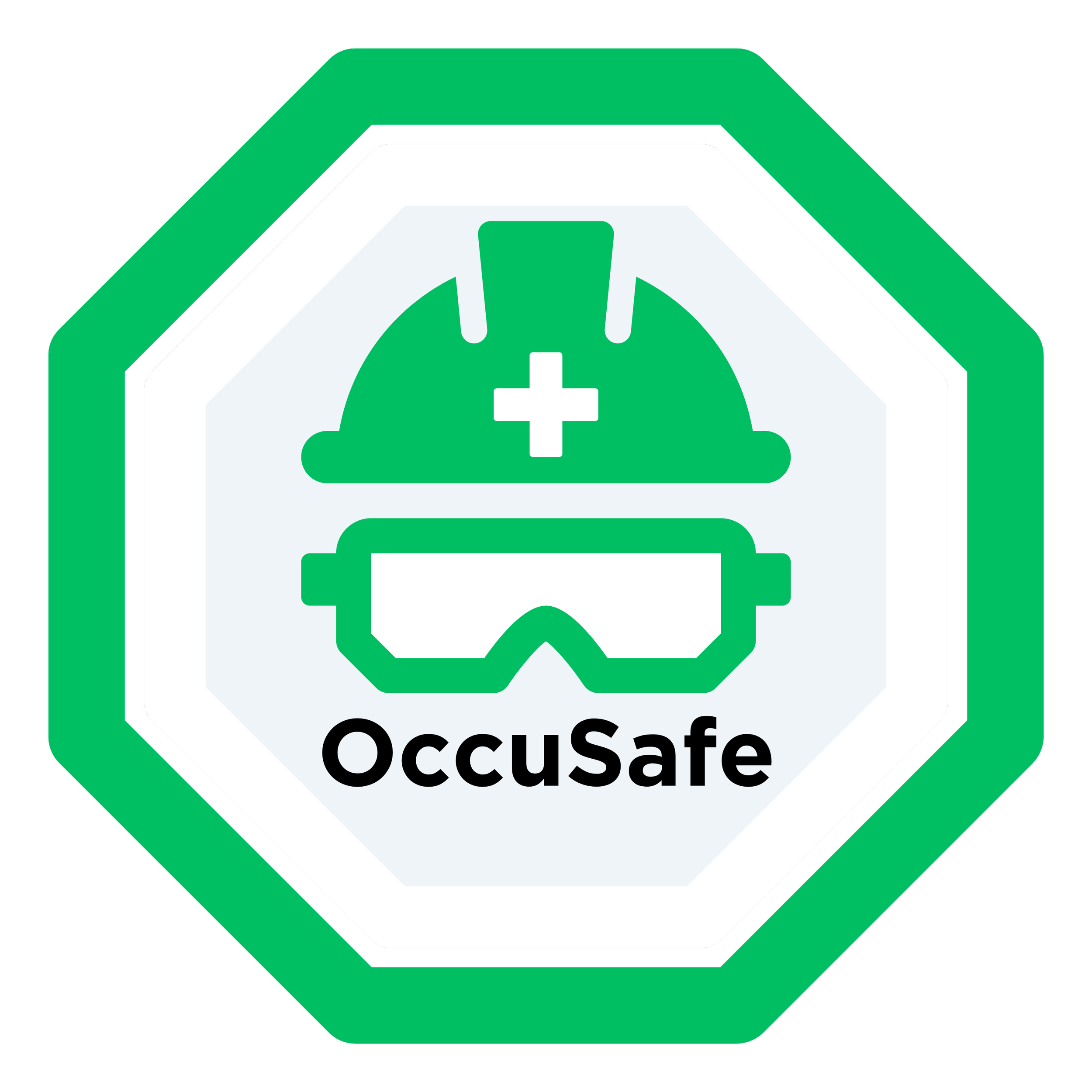 A green and white road sign with an octagon shape displaying the word 'OCCUSafe' and a plus sign in the center.