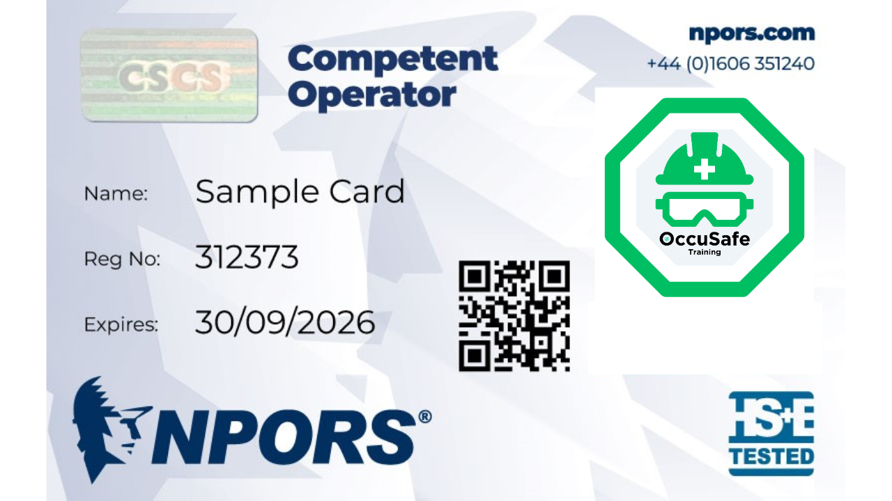 An Npors training card with a QR code, a logo for OccuSafe Training, and an ISO tested badge. The card displays sample name, registration number, and expiration date, with contact information at the top.