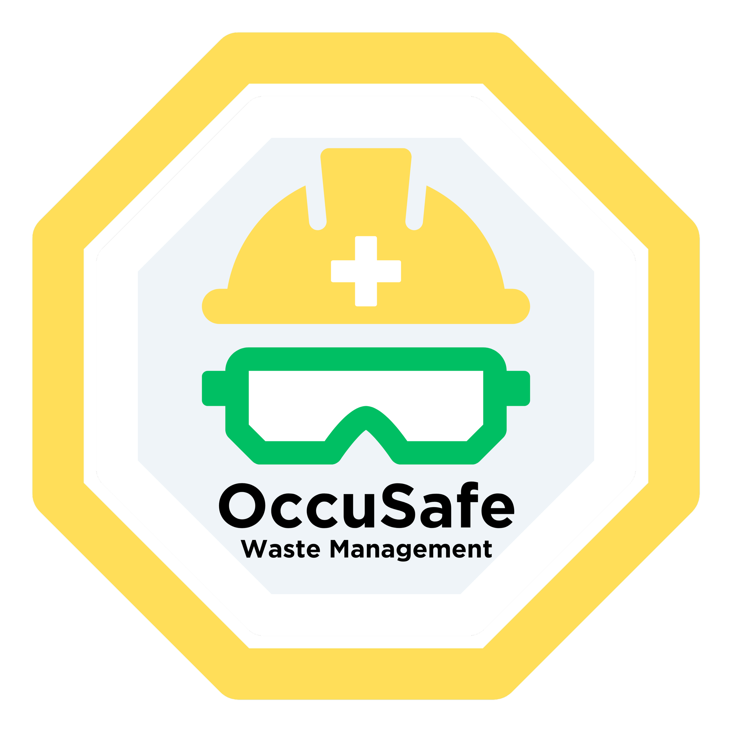 Octagonal yellow, black, white, and green warning sign with the message "Occupational Waste Management - OccuSafe" and a white cross inside a yellow circle.