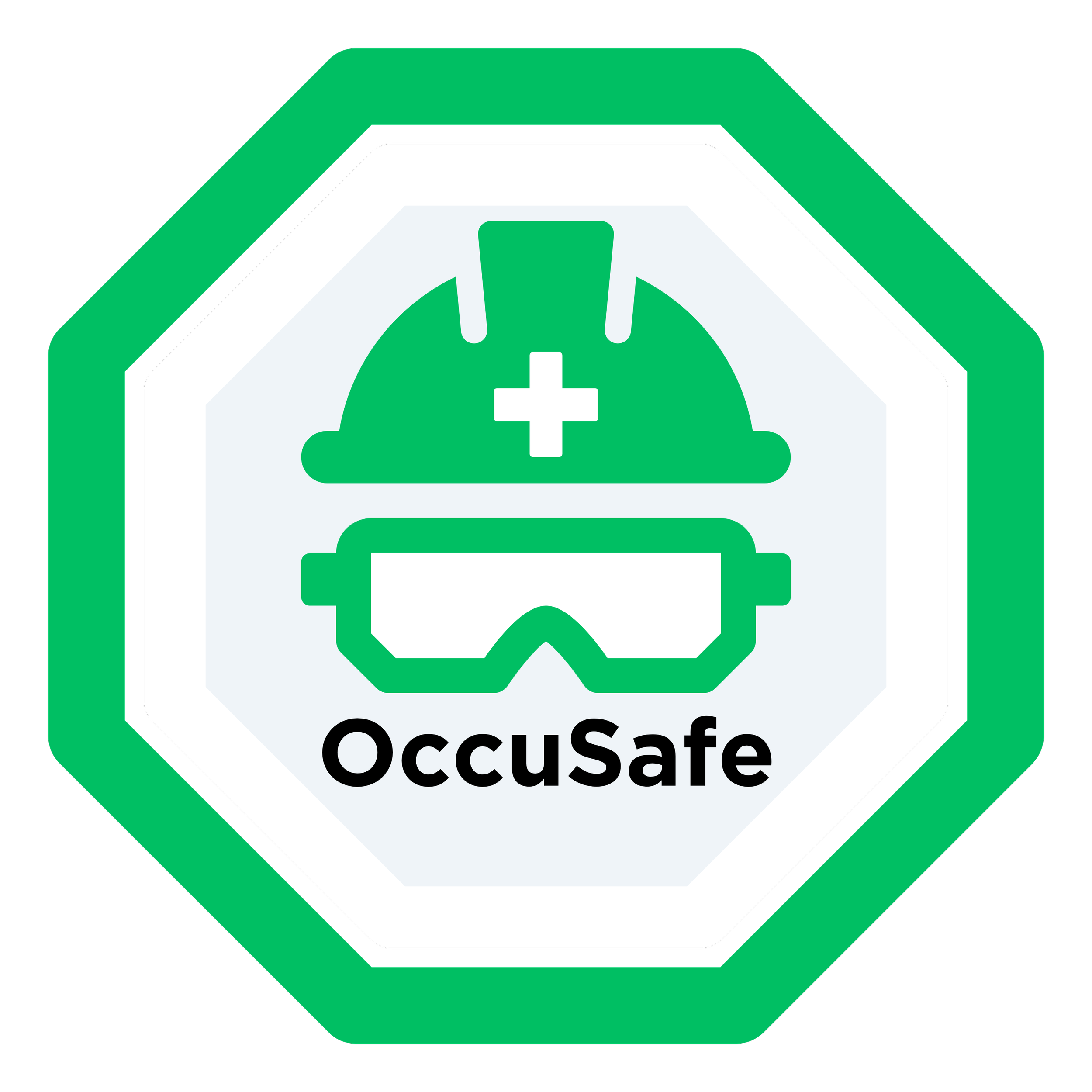 Safety sign with a green border, black text at the bottom reading 'OccuSafe', a white background with a green helmet icon and a white medical cross at its center.
