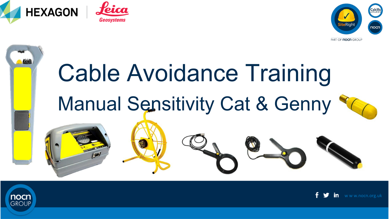 Cover slide of a cable avoidance training presentation with logos of Hexagon, Leica Geosystems, SiteRight, and NOCN group. The slide shows various cable locators and detection tools, including a handheld device, a reel, and probes.