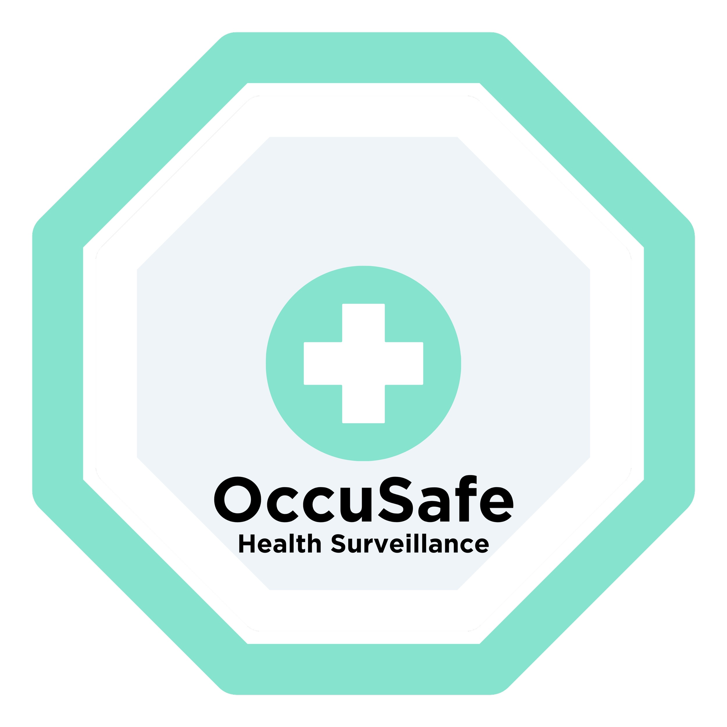 A logo with the shape of a hexagon, featuring a stylized medical cross and the words 'Occupational Health Surveillance'.