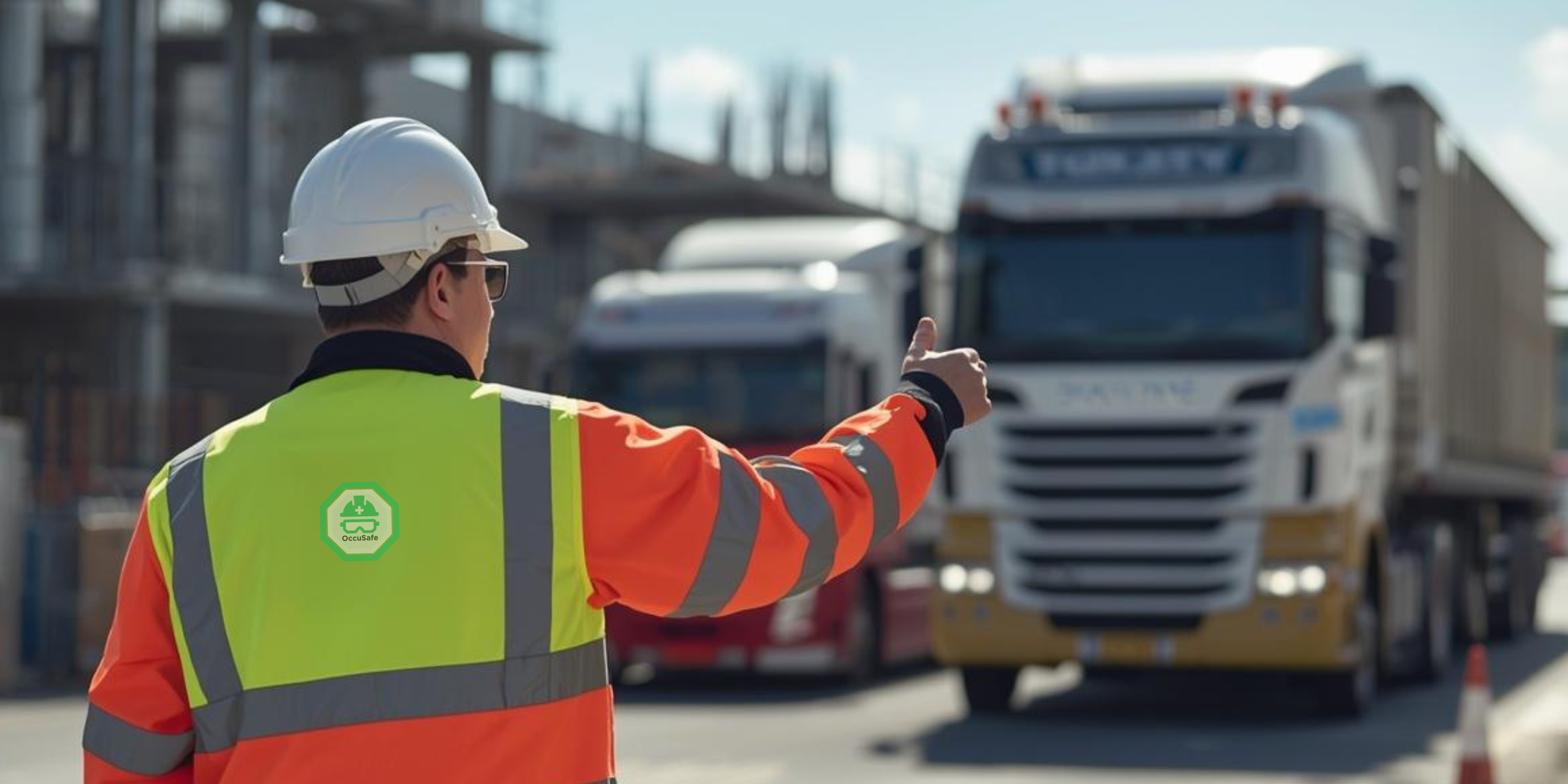 A construction worker wearing a safety vest, hard hat, and sunglasses directing trucks on a construction site.