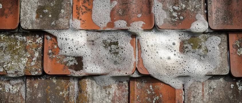Close-up of moss-covered red bricks with soap suds and foam on the surface.