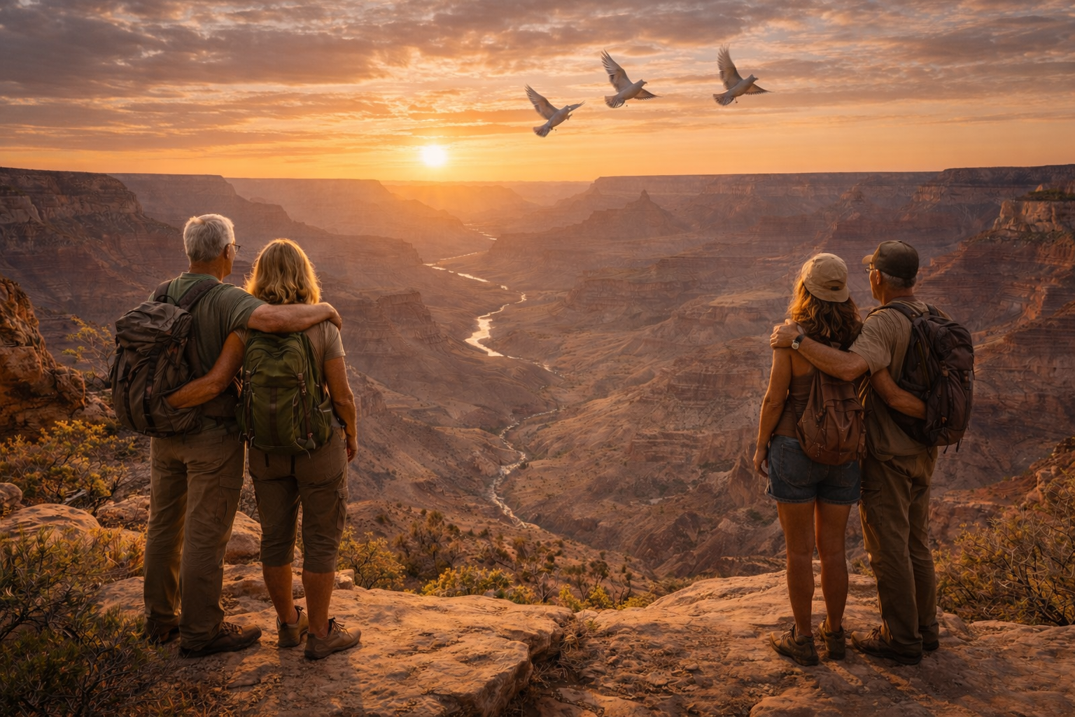 Two couples of hikers, one older and one younger, standing on the edge of the Grand Canyon at sunset. They are gazing at the canyon and the sky, with clouds and birds flying overhead.