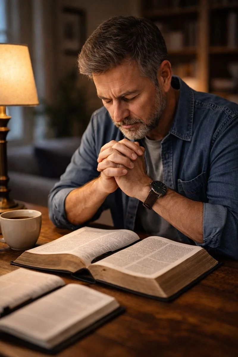 A middle-aged man with gray hair and beard, wearing a denim shirt and watch, seated at a wooden table with an open book, praying with his hands clasped, in a cozy, warmly lit room, with a cup of coffee and additional books on the table.