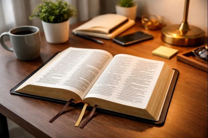 Open Bible on a wooden desk with a cup of coffee, potted plants, notebooks, a smartphone, sticky notes, eyeglasses, and a brass desk lamp.