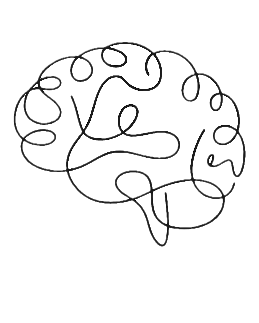 A black line drawing of a human brain with complex, tangled lines representing neural pathways.