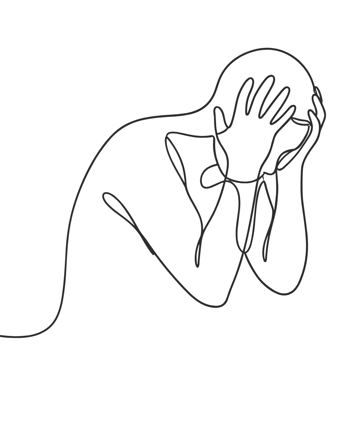 Line art illustration of a person with their head in their hands, expressing distress or sadness, on a black background.