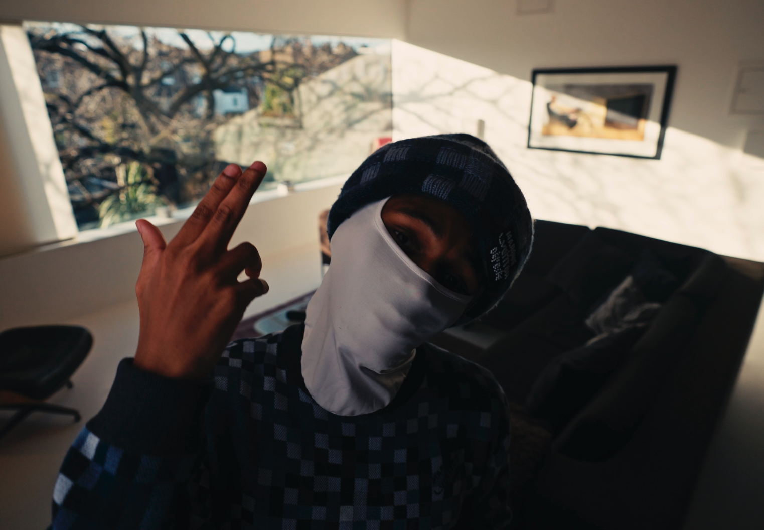 A person wearing a patterned shirt, a blue checkered beanie, and a white face mask, making an 'OK' sign with their hand in a room with a large window showing trees and houses outside.