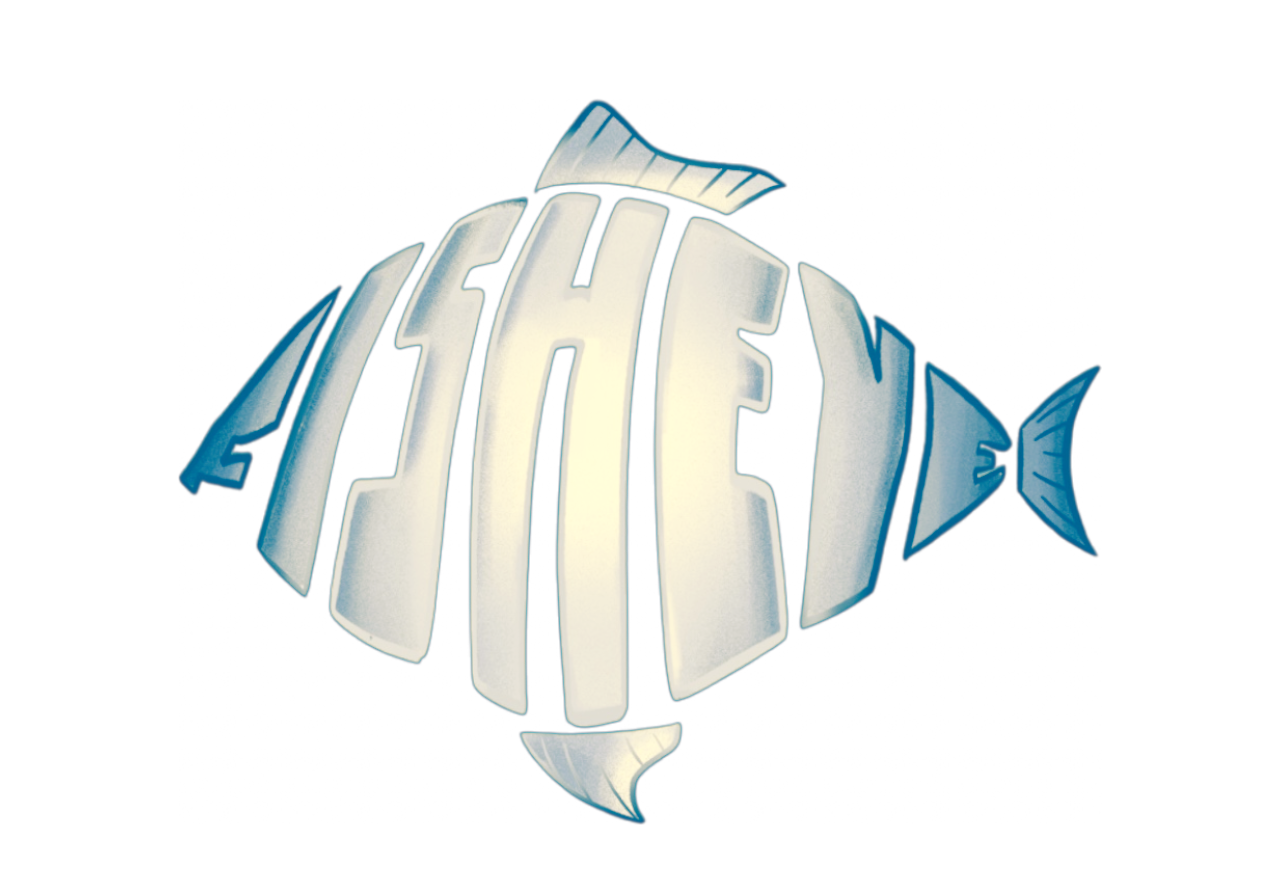 A stylized fish with the word 'AQUARIUM' integrated into its body, in a shiny white and blue design on a black background.