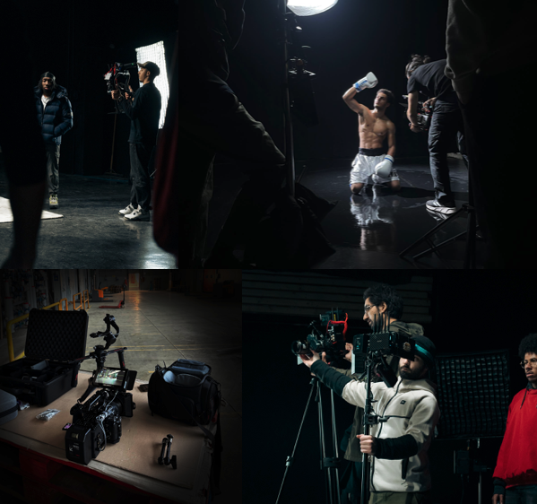 Behind-the-scenes photos of a film or video production set. Top right shows a boxer in gloves and shorts sitting in a preparation room. Bottom left displays camera equipment and gear on a table in a warehouse. Bottom right features camera operators and crew working with a professional camera setup in a studio.