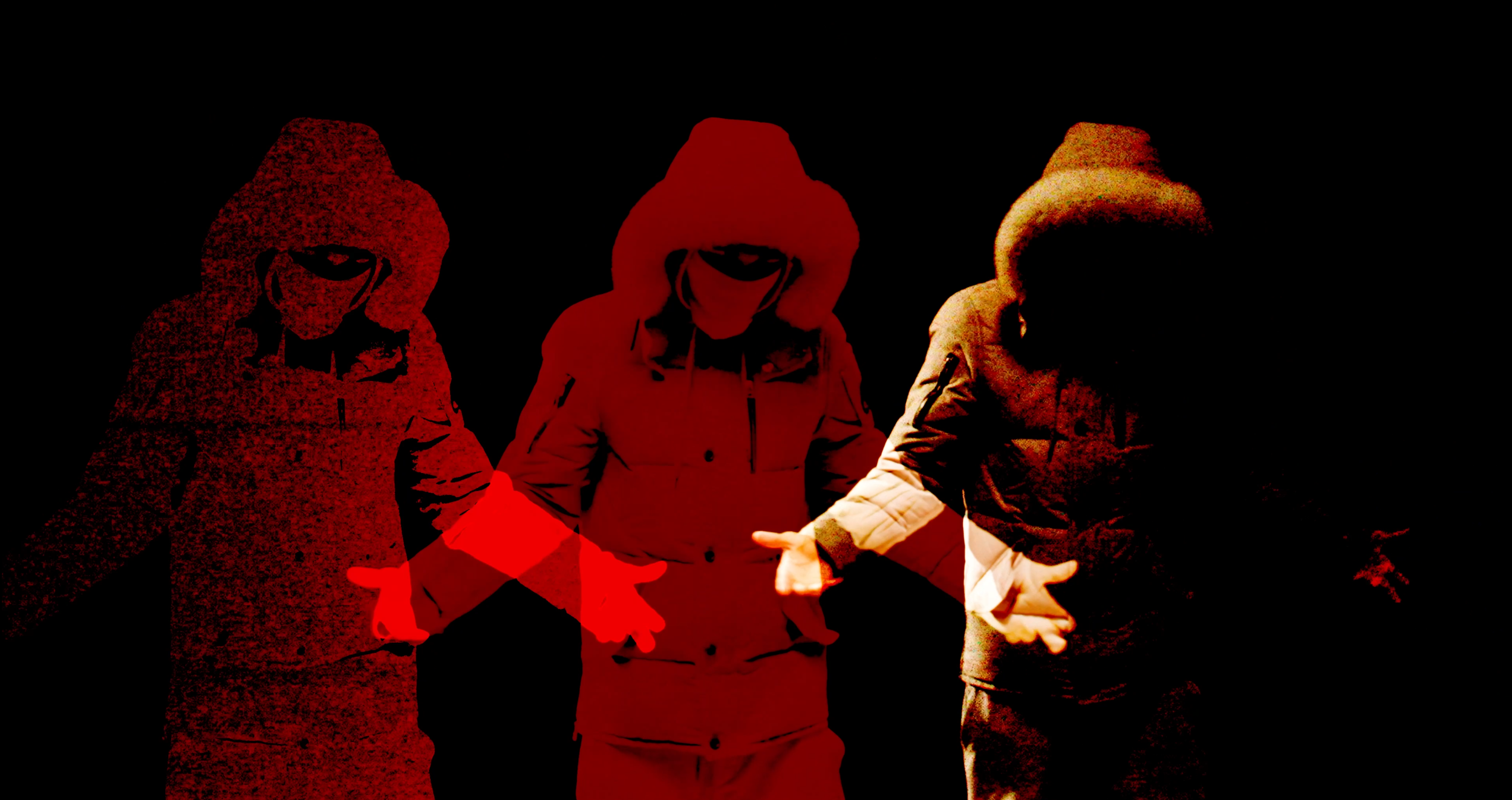 A digital art piece featuring three figures wearing hooded jackets with their heads slightly bowed, one also with glasses. The image uses a red and black color scheme with high contrast and silhouettes.
