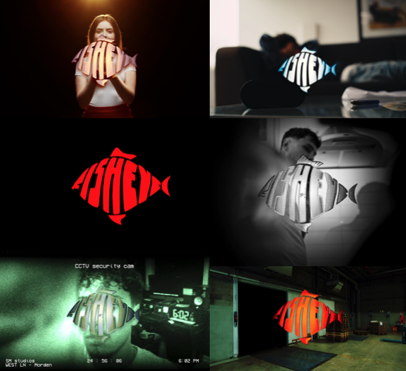 A collage features six images of people with a fish-shaped design covering their mouths, displaying various effects and colors, including a girl holding a fish sign, a person on a couch, and security camera footage in different lighting.