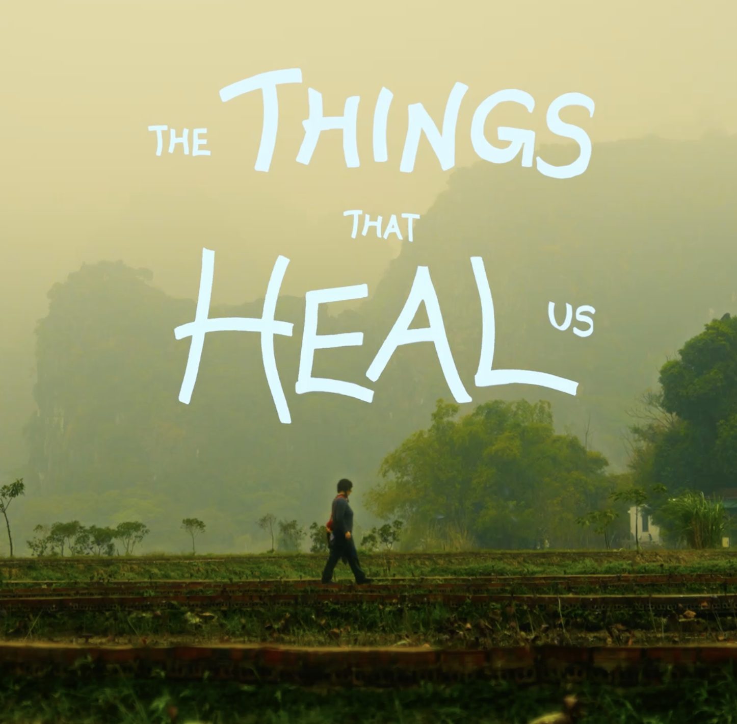 A person walking through a lush green forest with misty mountains in the background, overlaid with the text 'The things that heal us' in large, playful letters.