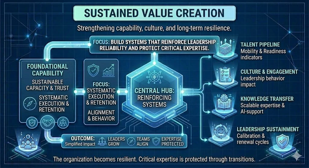 Diagram of a sustainable value creation framework emphasizing strengthening capability, culture, and resilience through building systems that reinforce leadership, reliability, and critical expertise, with components like foundational capability, systemic execution, a central hub, talent pipeline, culture, knowledge transfer, and leadership sustainment.