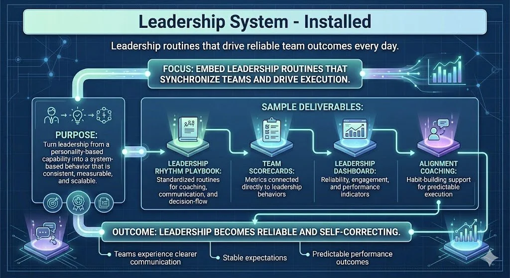 An infographic titled 'Leadership System - Installed' describing leadership routines designed to drive reliable team outcomes. It emphasizes embedding routines that synchronize teams and execute effectively. The graphic includes sections on purpose, sample deliverables like leadership rhythm playbook, team scorecards, leadership dashboard, and alignment coaching. It states that the goal is for leadership to become reliable and self-correcting, resulting in clearer communication, stable expectations, and predictable performance.