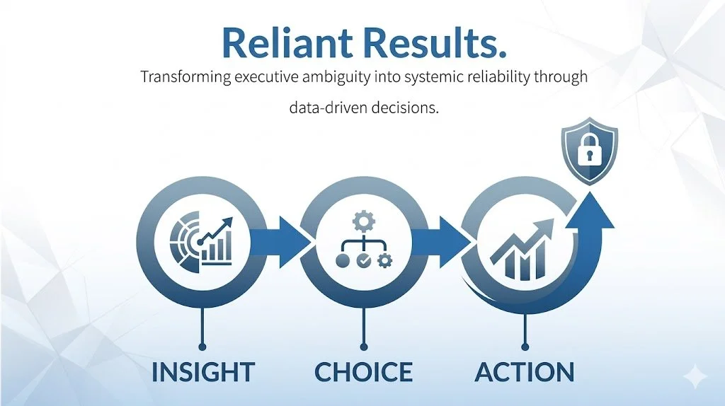 Flowchart illustrating the process of transforming executive ambiguity into systemic reliability through data-driven decisions. It shows three main steps: Insight with a radar chart and upward arrow, Choice with gears and a checklist, and Action with a rising graph, shield, and padlock.