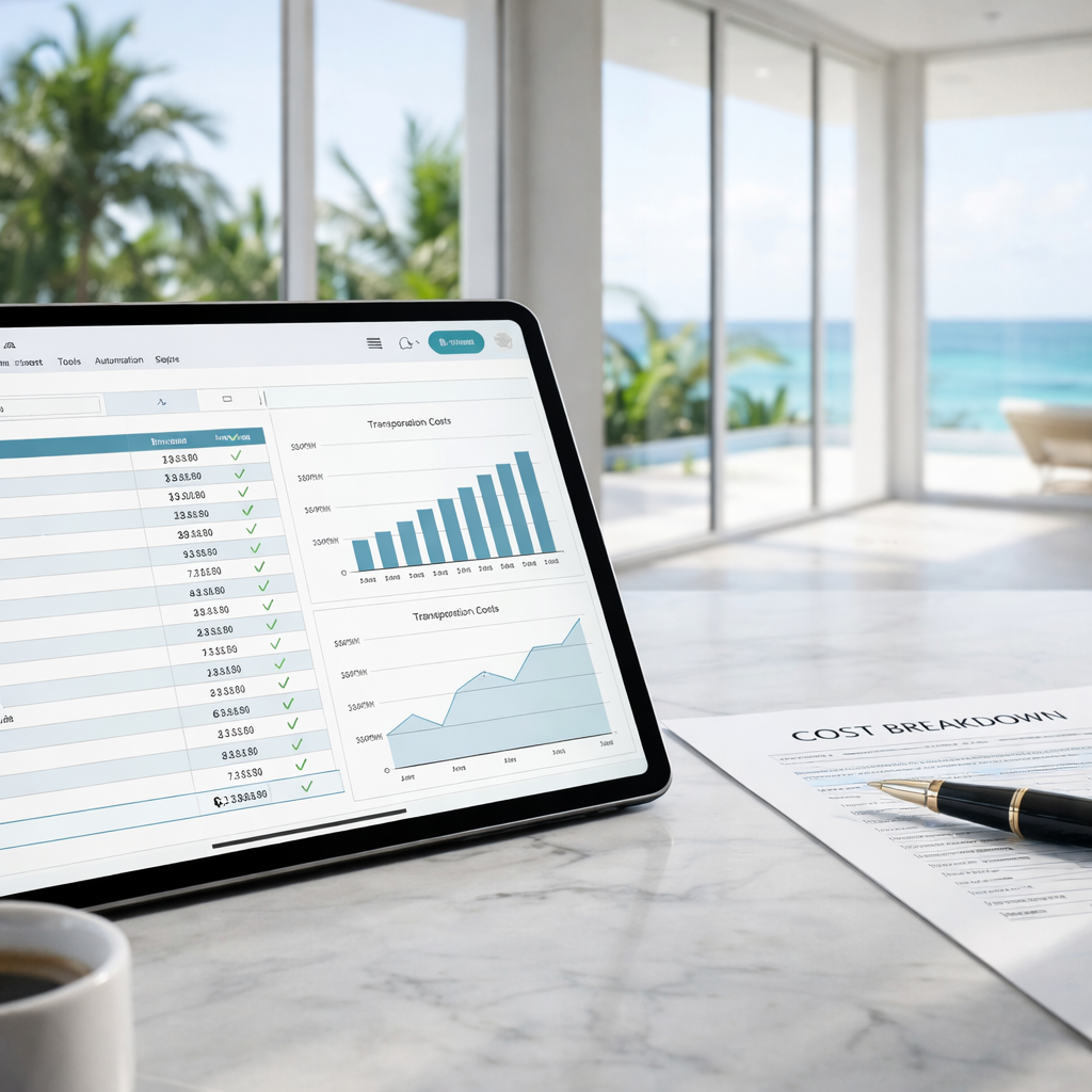 Tablet displaying financial charts and data with a cost breakdown report and pen on a marble table in a bright room with large windows overlooking a beach and palm trees.