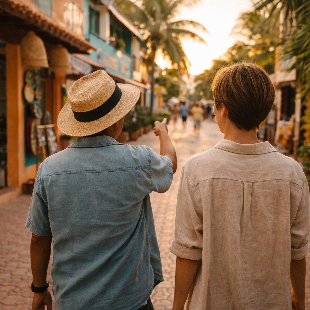 Two people walking down a colorful street at sunset, with one pointing ahead. The scene has tropical elements like palm trees and vibrant storefronts.