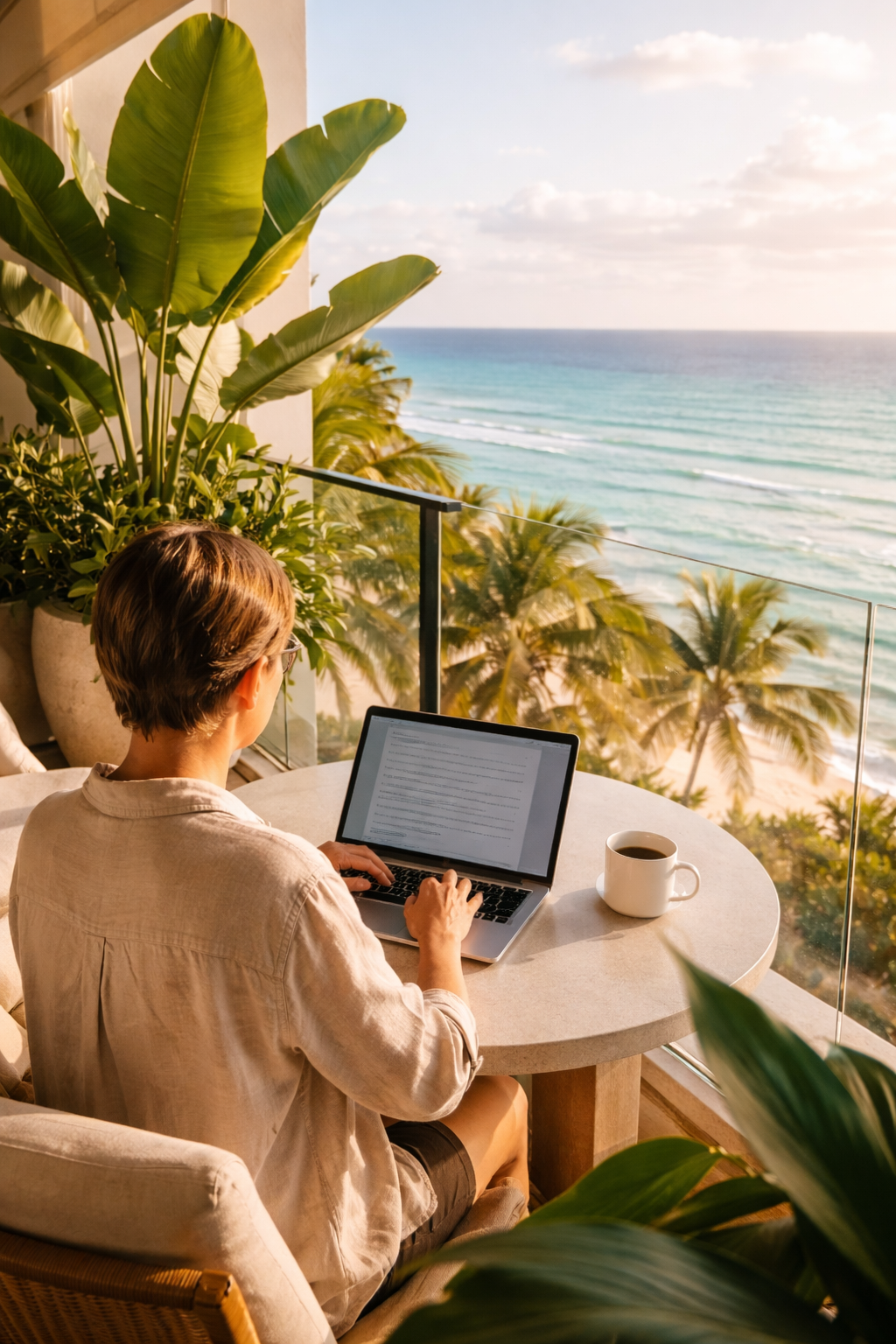 Person working on a laptop at a round table on a balcony overlooking the ocean with palm trees.