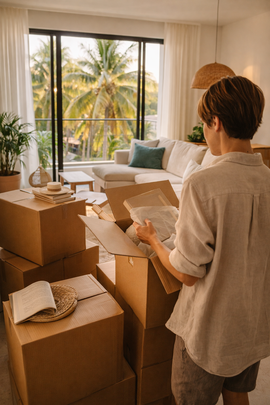Person unpacking moving boxes in a living room with large windows and tropical trees outside.