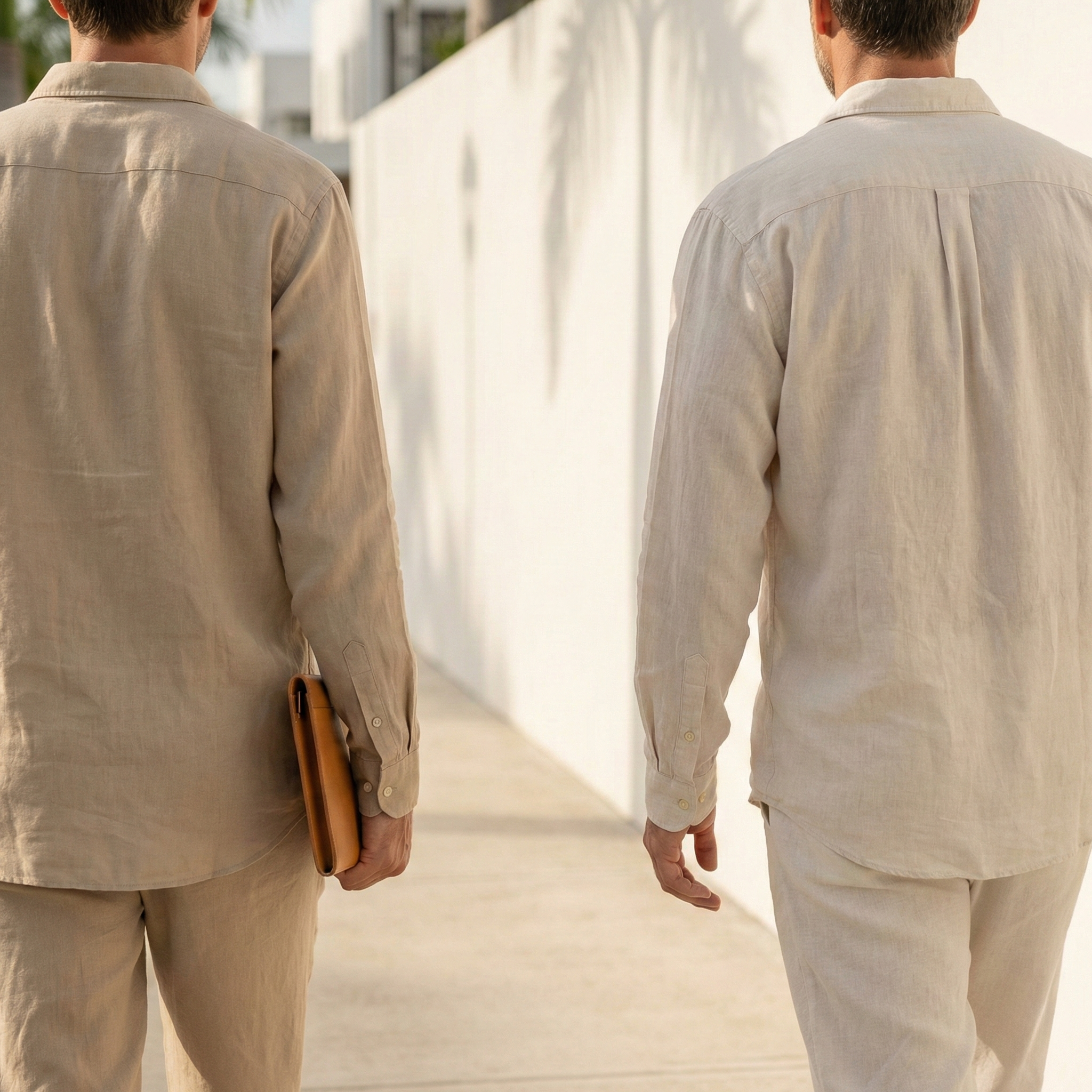 Two men walking in a bright outdoor corridor, seen from the back, dressed in beige shirts and pants. One is carrying a brown folder.