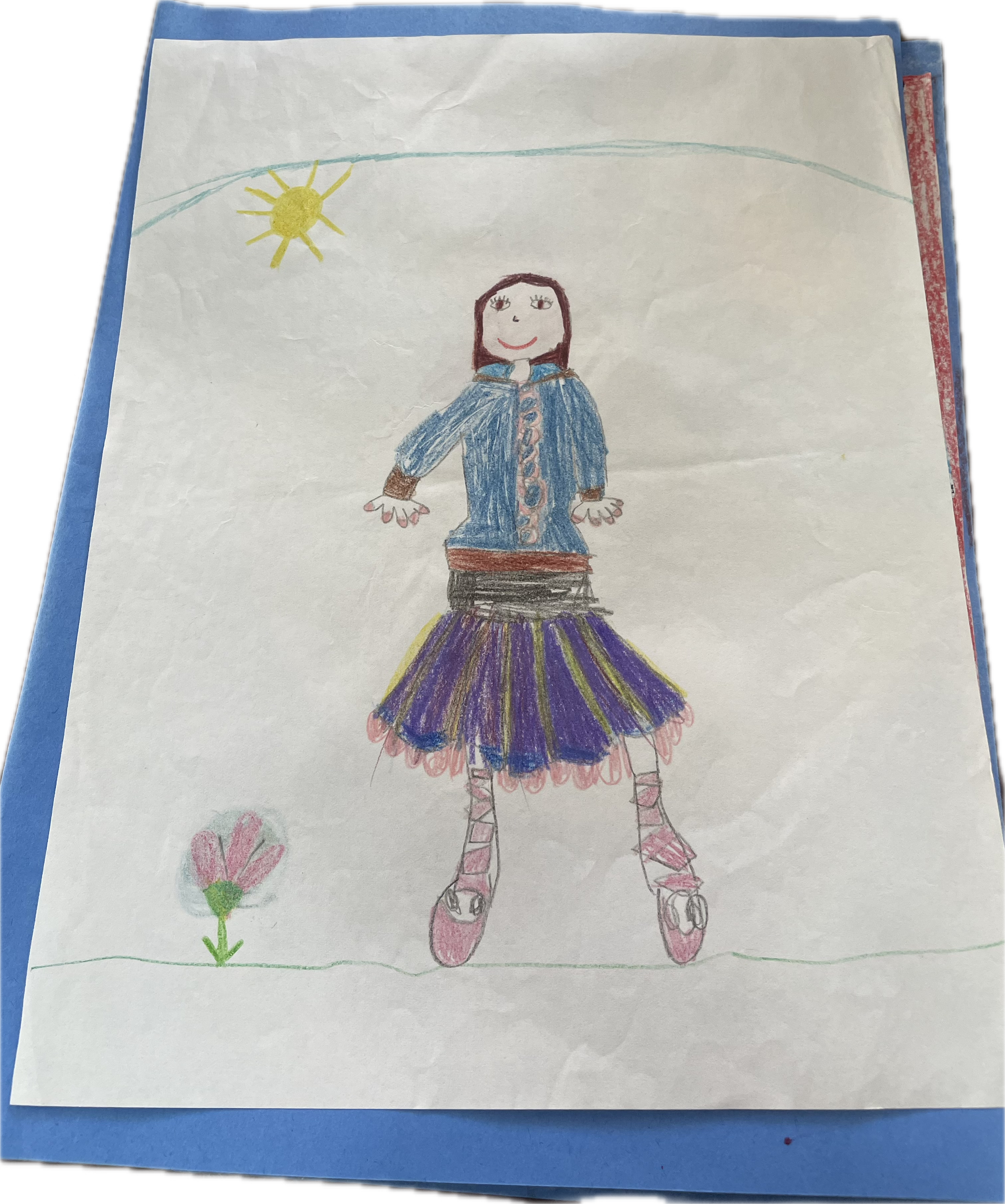 Child's drawing of a girl on roller skates outdoors, with a yellow sun, green grass, and a pink flower.