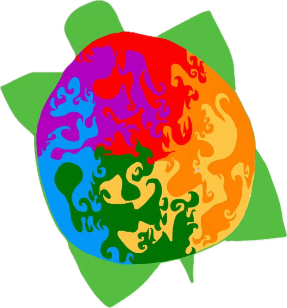 A colorful depiction of the world map with continents in rainbow colors, surrounded by green leaves.
