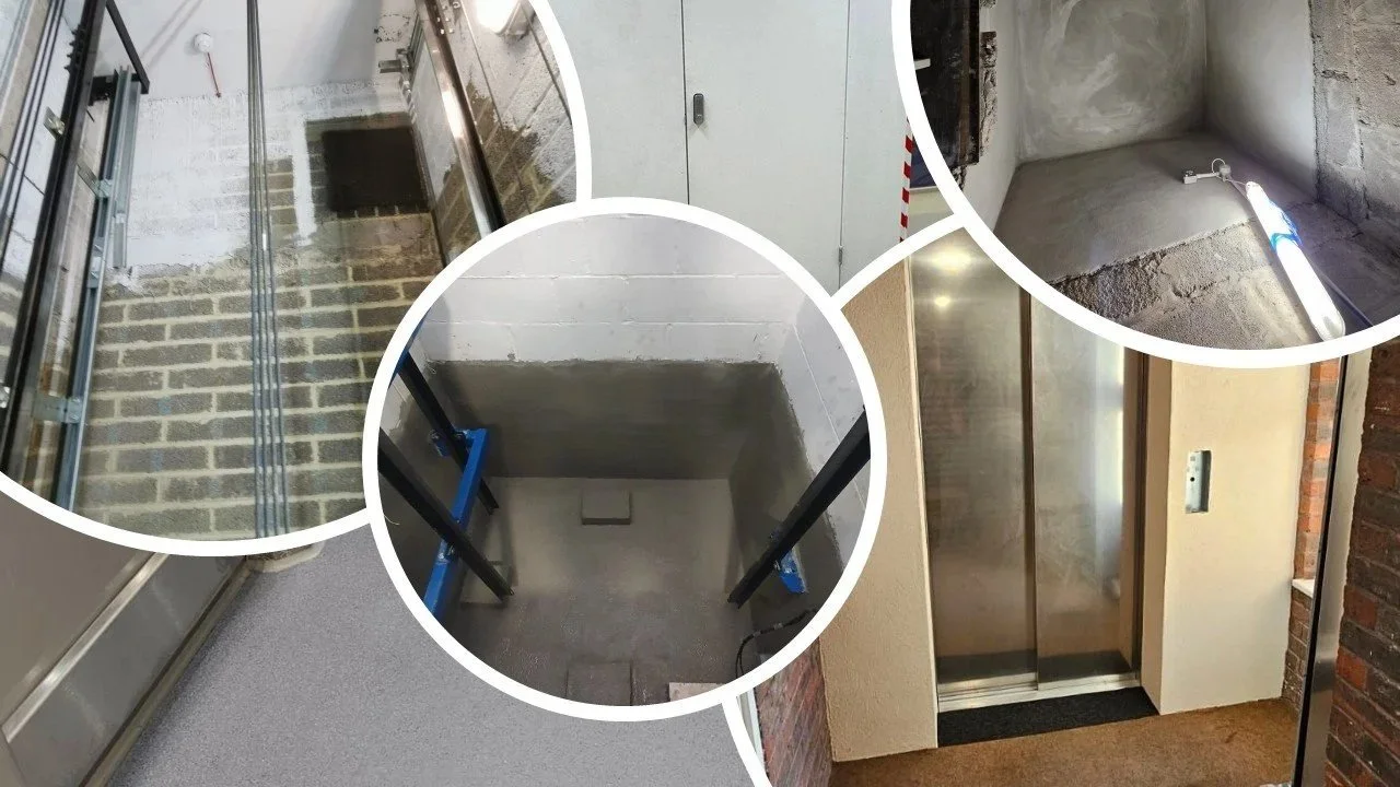 A collage of construction site images showing unfinished walls, an elevator, a stairwell, and construction tools.