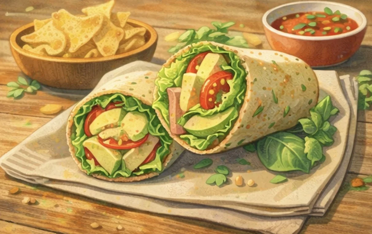 whole wheat turkey avocado wrap with lettuce tomato and hummus