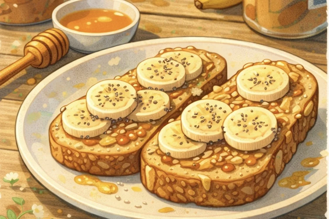 whole grain toast with peanut butter banana slices and chia seeds