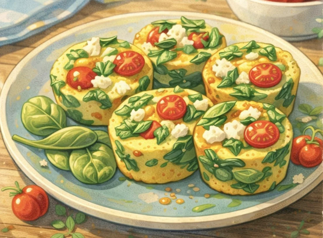 spinach feta egg muffins with cherry tomatoes and herbs